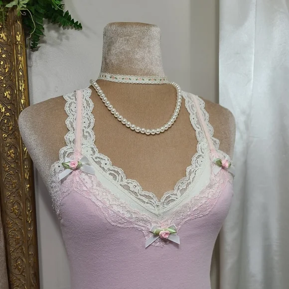 ♡ Y2K ♡ Hollister Baby Pink Lace Cami Satin Rose Bows Tank Top - Picture 9 of 10
